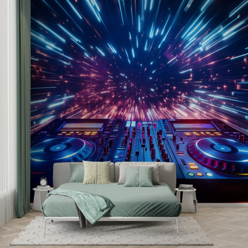 Music themed wall mural featuring DJ mixer in entertainment room with neon effects