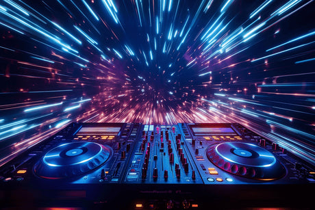 Design file of DJ console music wallpaper with electric neon light trails