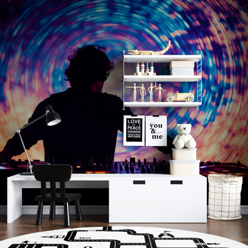 DJ spiral light show mural wallpaper creating atmosphere in modern teen bedroom with LED accent lighting