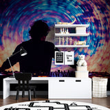 DJ spiral light show mural wallpaper creating atmosphere in modern teen bedroom with LED accent lighting