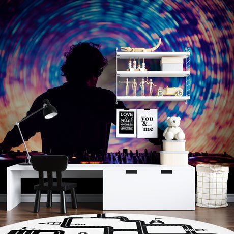 DJ spiral light show mural wallpaper creating atmosphere in modern teen bedroom with LED accent lighting