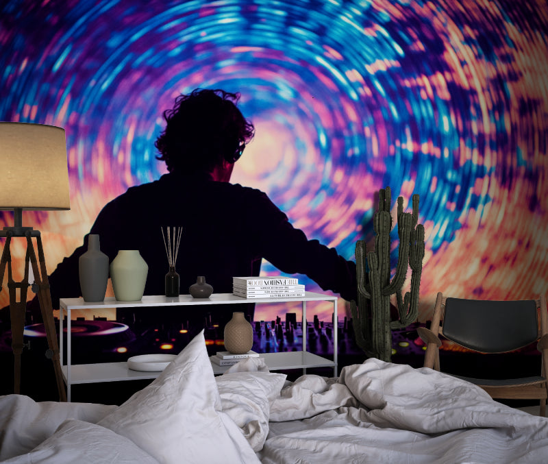Music-themed spiral wallpaper bringing energy to home recording studio setup