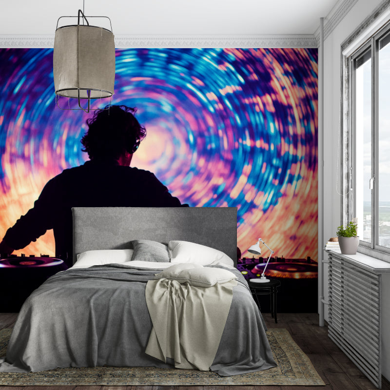 DJ wall mural enhancing urban style living room with turntable setup