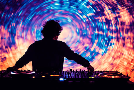 Design file showing vibrant DJ spiral light show pattern with color detail