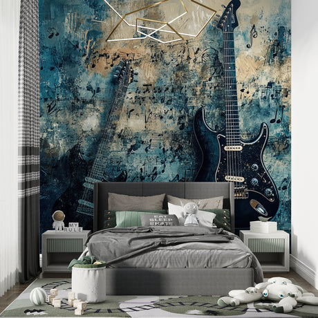 Music wallpaper mural with electric guitar design styled in modern teen bedroom showing urban flair
