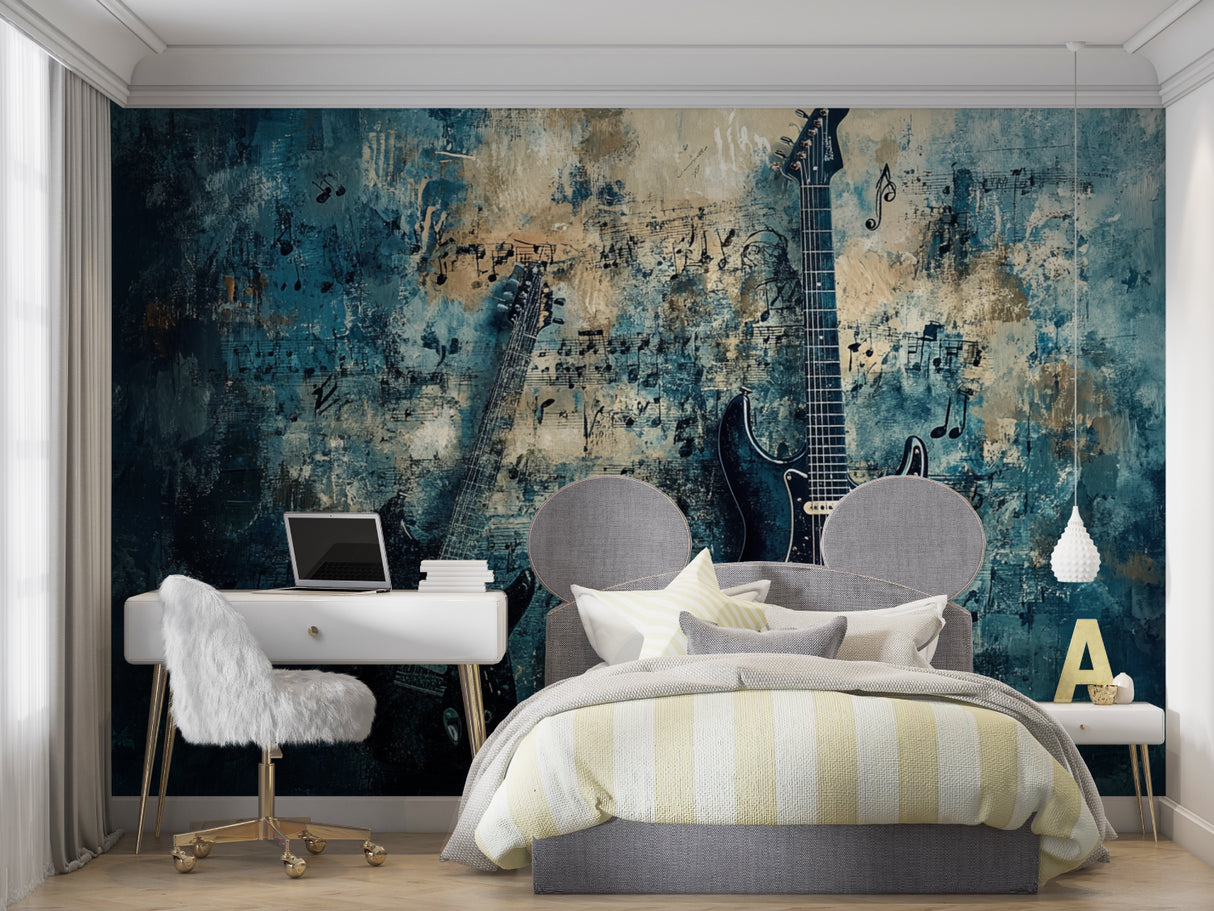 Guitar wall mural featured in home music studio with recording equipment