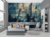 Electric guitar wallpaper design showcased in contemporary living room setting