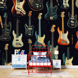 Electric guitar wall mural styled in modern teen bedroom with LED lighting and music equipment
