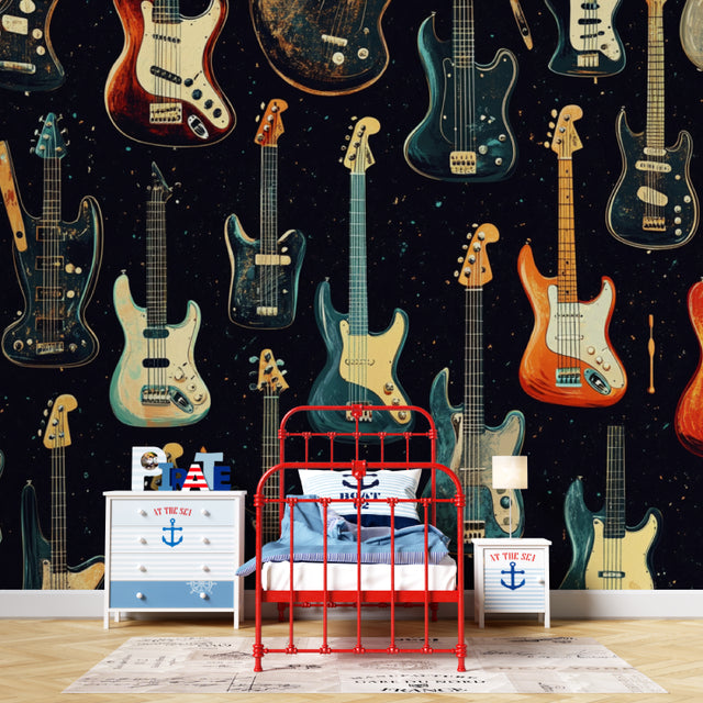 Electric guitar wall mural styled in modern teen bedroom with LED lighting and music equipment
