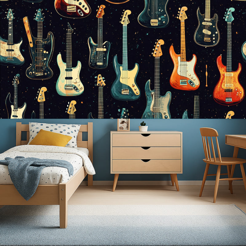 Rock and roll wallpaper mural in man cave with guitar display and leather furniture