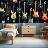 Rock and roll wallpaper mural in man cave with guitar display and leather furniture