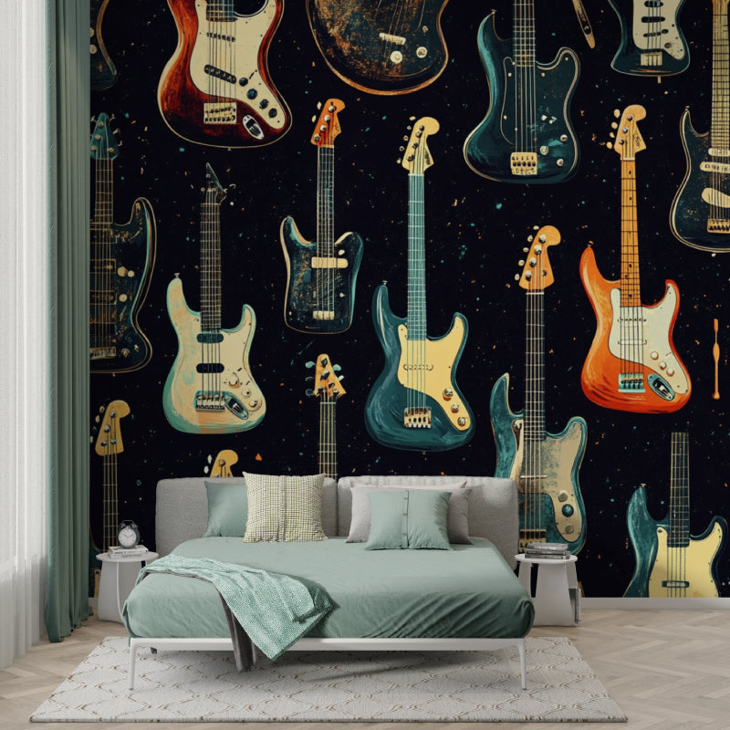 Music themed wall mural in game room with pool table and ambient lighting