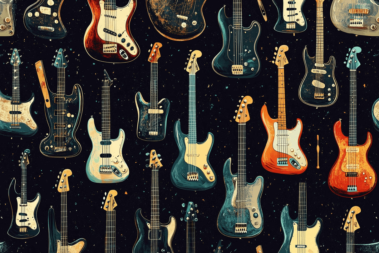 Design file of electric guitar collection wallpaper showing detailed pattern on night sky background