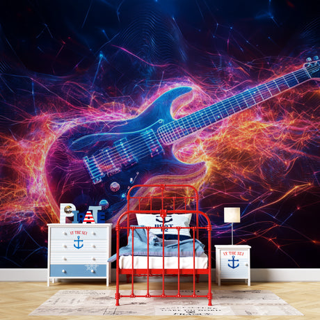 Electric guitar wallpaper in modern teen bedroom showing neon effects