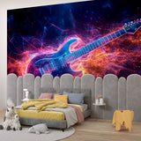 Electric guitar mural wallpaper in modern living room setting