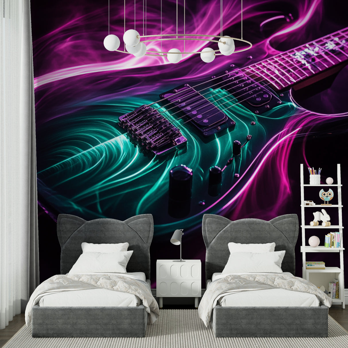 Electric guitar neon wallpaper in modern teen bedroom showing purple and turquoise glow effects