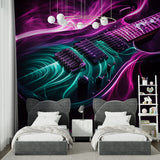 Electric guitar neon wallpaper in modern teen bedroom showing purple and turquoise glow effects