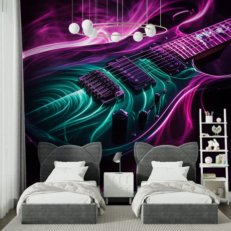 Electric guitar neon wallpaper in modern teen bedroom showing purple and turquoise glow effects