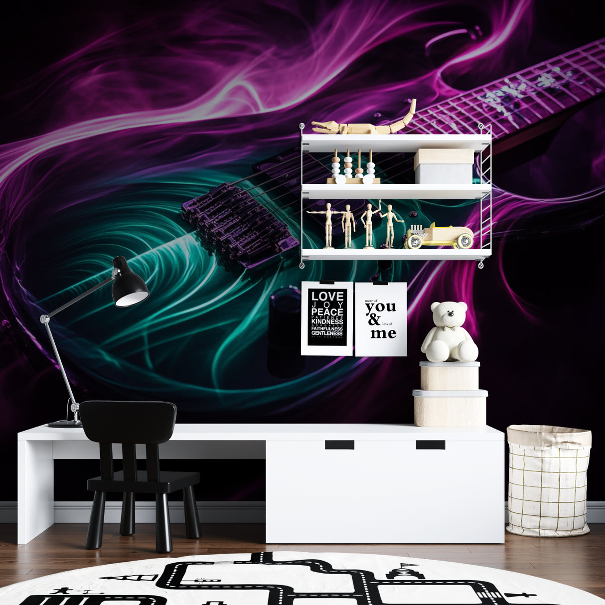 Music wall mural featured in home recording studio with ambient lighting