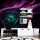 Music wall mural featured in home recording studio with ambient lighting