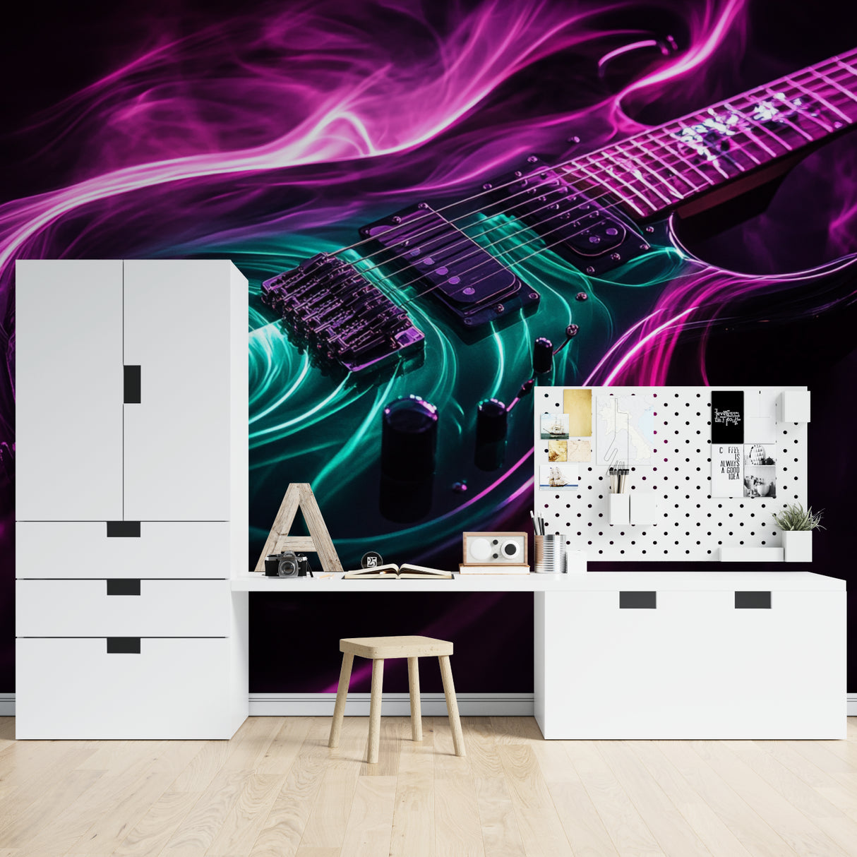 Neon guitar wallpaper displayed in gaming room with LED accent lights