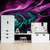 Neon guitar wallpaper displayed in gaming room with LED accent lights