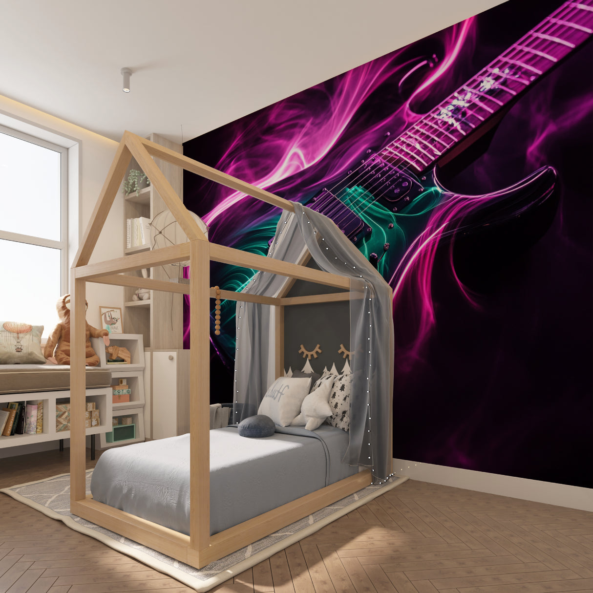 Music themed mural creating atmosphere in urban loft setting