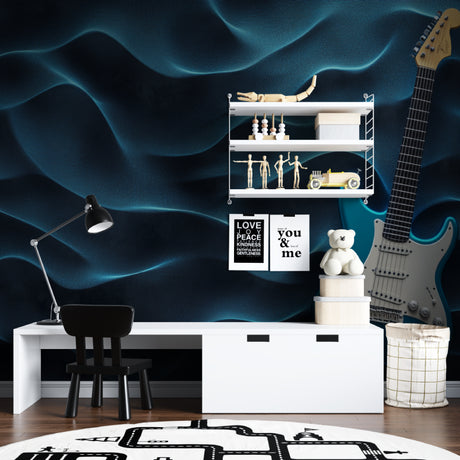 Electric guitar wallpaper bringing life to a modern teen bedroom with blue wave design