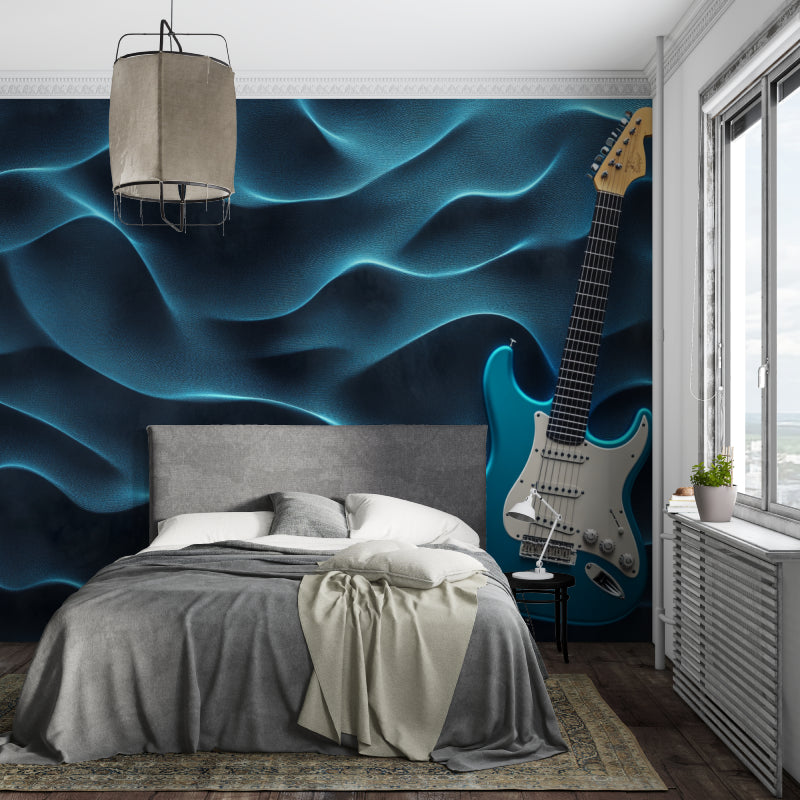 Guitar wallpaper creating atmosphere in a cozy living room setting