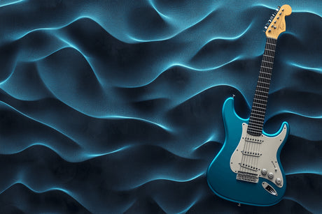 Electric guitar with blue waves design file showing intricate pattern details