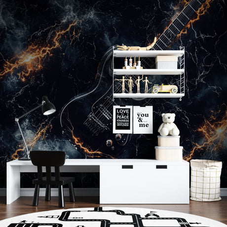 Electric guitar wallpaper mural showcased in modern living room with black furniture and mood lighting