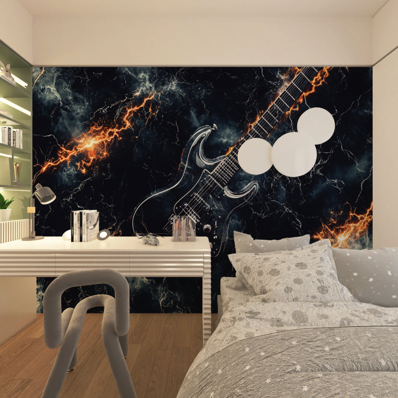 Guitar wall mural featuring golden lightning in teen bedroom with ambient lighting