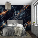 Music themed wallpaper displayed in home studio with recording equipment