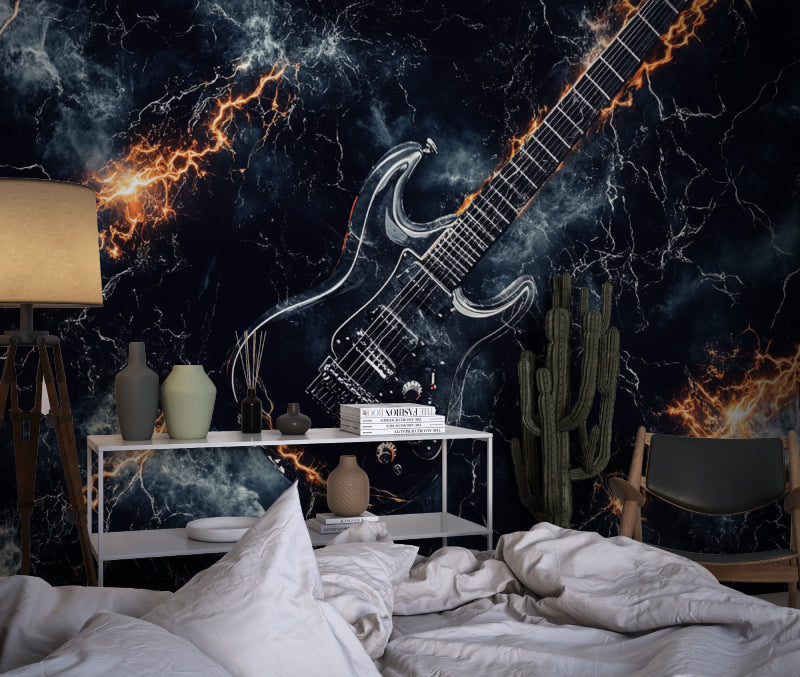 Electric guitar mural wallpaper in man cave with leather sofa and bar setup