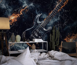Electric guitar mural wallpaper in man cave with leather sofa and bar setup