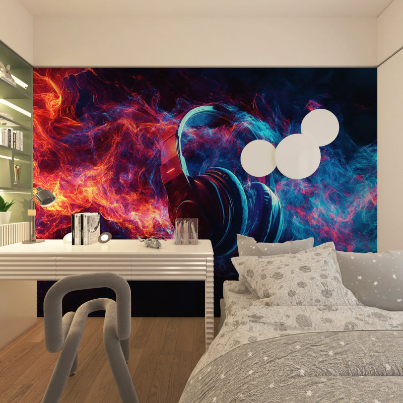 Modern music wallpaper mural featuring fiery headphones design in a sleek home studio setup