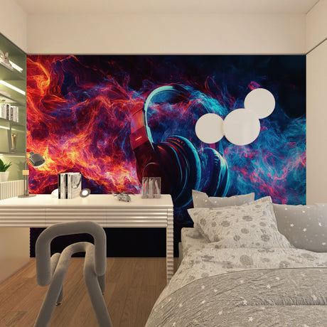 Modern music wallpaper mural featuring fiery headphones design in a sleek home studio setup