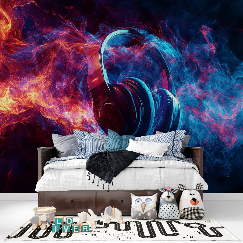 Music-themed wall mural with abstract headphones design in a teenage bedroom