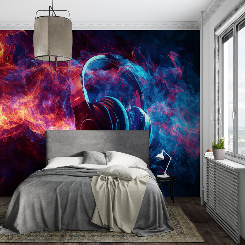 Fire and ice headphones wallpaper creating atmosphere in a modern living room