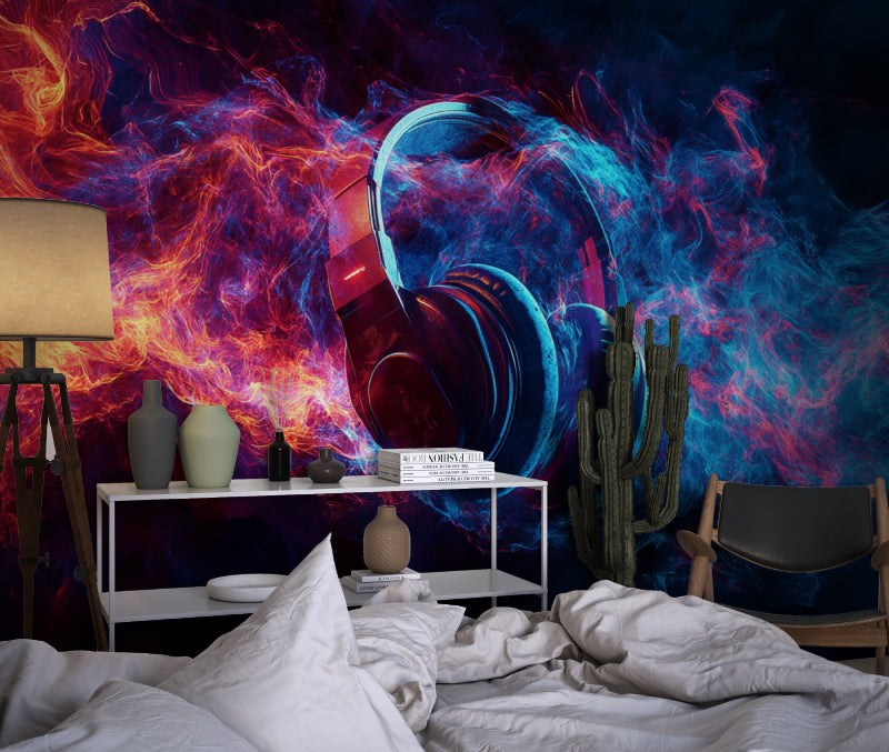 Abstract music wallpaper installation in a contemporary office space