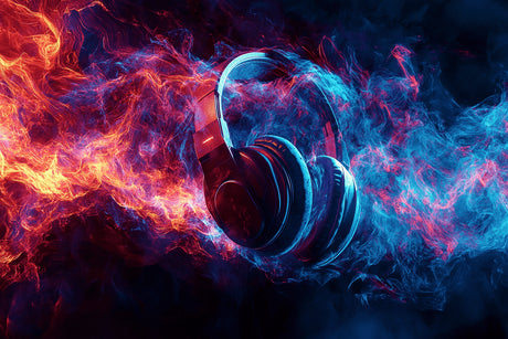Music wallpaper design file showing detailed fiery headphones pattern with abstract swirls