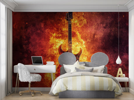 Flaming Electric Guitar Mural Wallpaper creating atmosphere in modern music studio with recording equipment