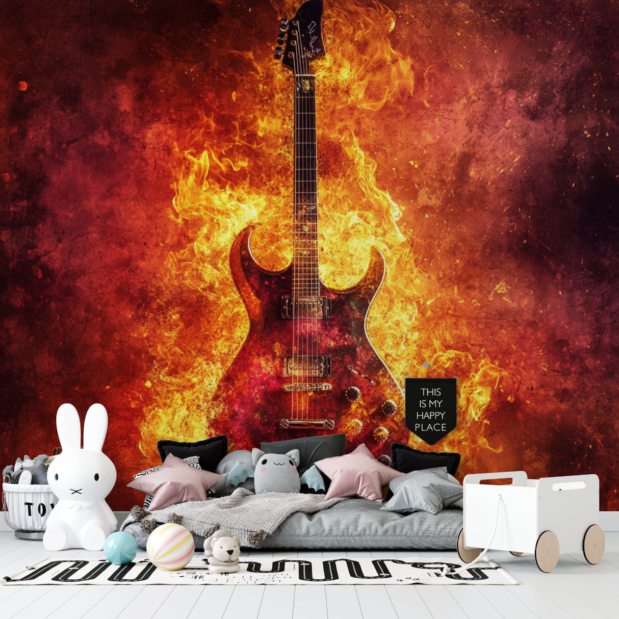 Rock Music Wallpaper transforming home studio space with fiery guitar design