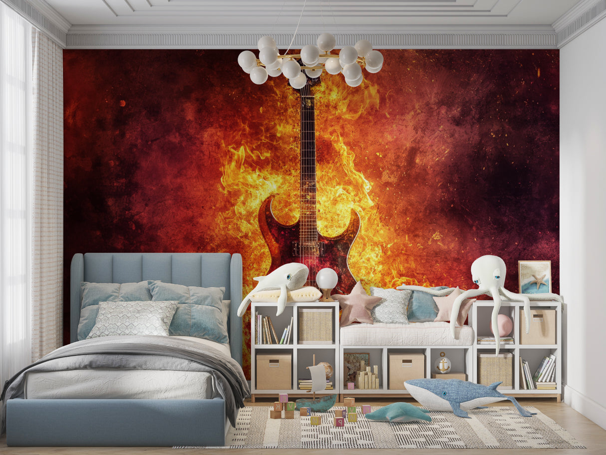 Electric Guitar Mural making statement in modern living room setting