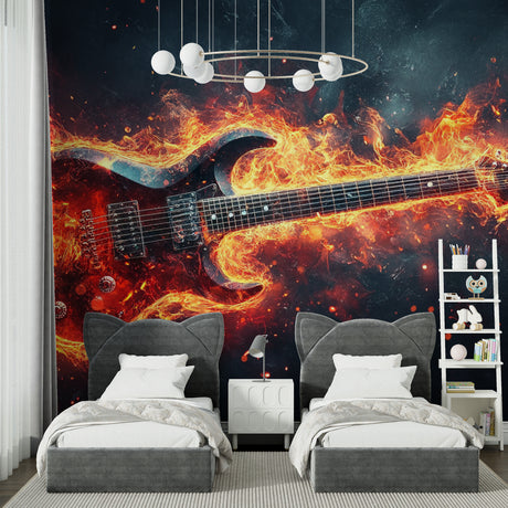 Flaming guitar mural wallpaper in modern teen bedroom with LED lighting creating dramatic effect