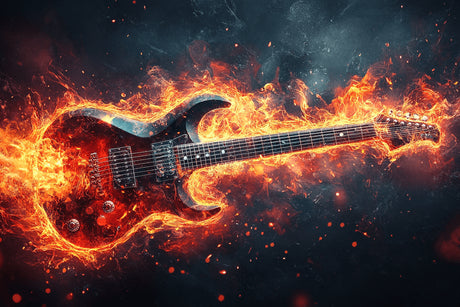 Design file of electric guitar with flame effects on midnight background