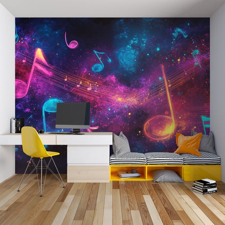 Music galaxy wallpaper with neon notes creating magic in a modern teen bedroom