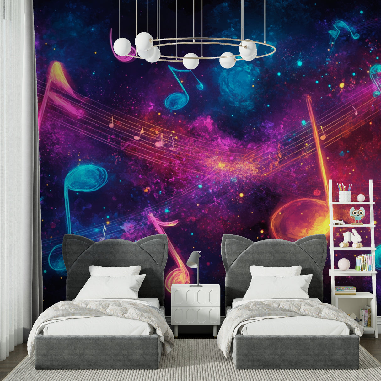 Galaxy music notes mural in a creative space with ambient lighting