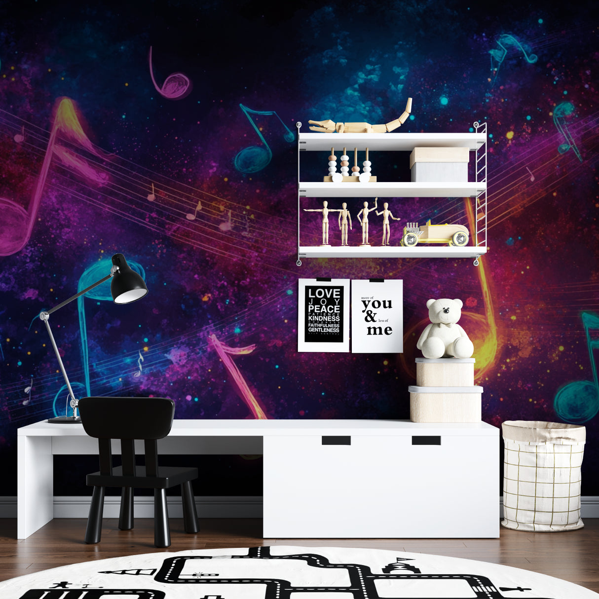 Neon music wallpaper transforming a practice room with cosmic vibes
