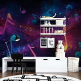 Neon music wallpaper transforming a practice room with cosmic vibes